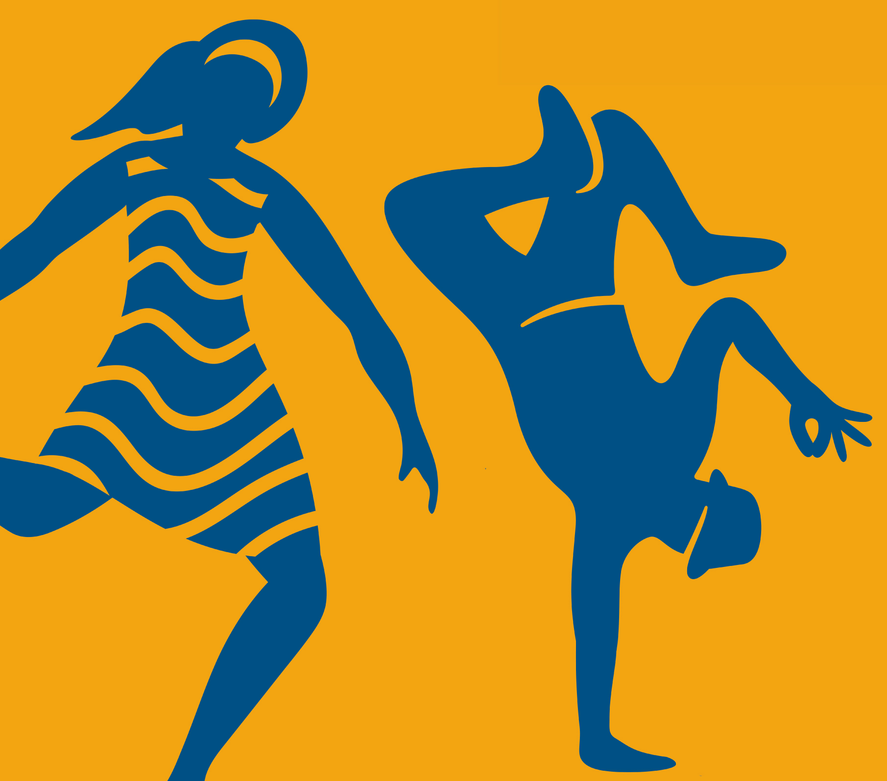 Hier sieht man zwei tanzende Figuren in blau. Eine trägt ein Kleid, einer macht eine Breakdance-Bewegung und trägt einen Hut..